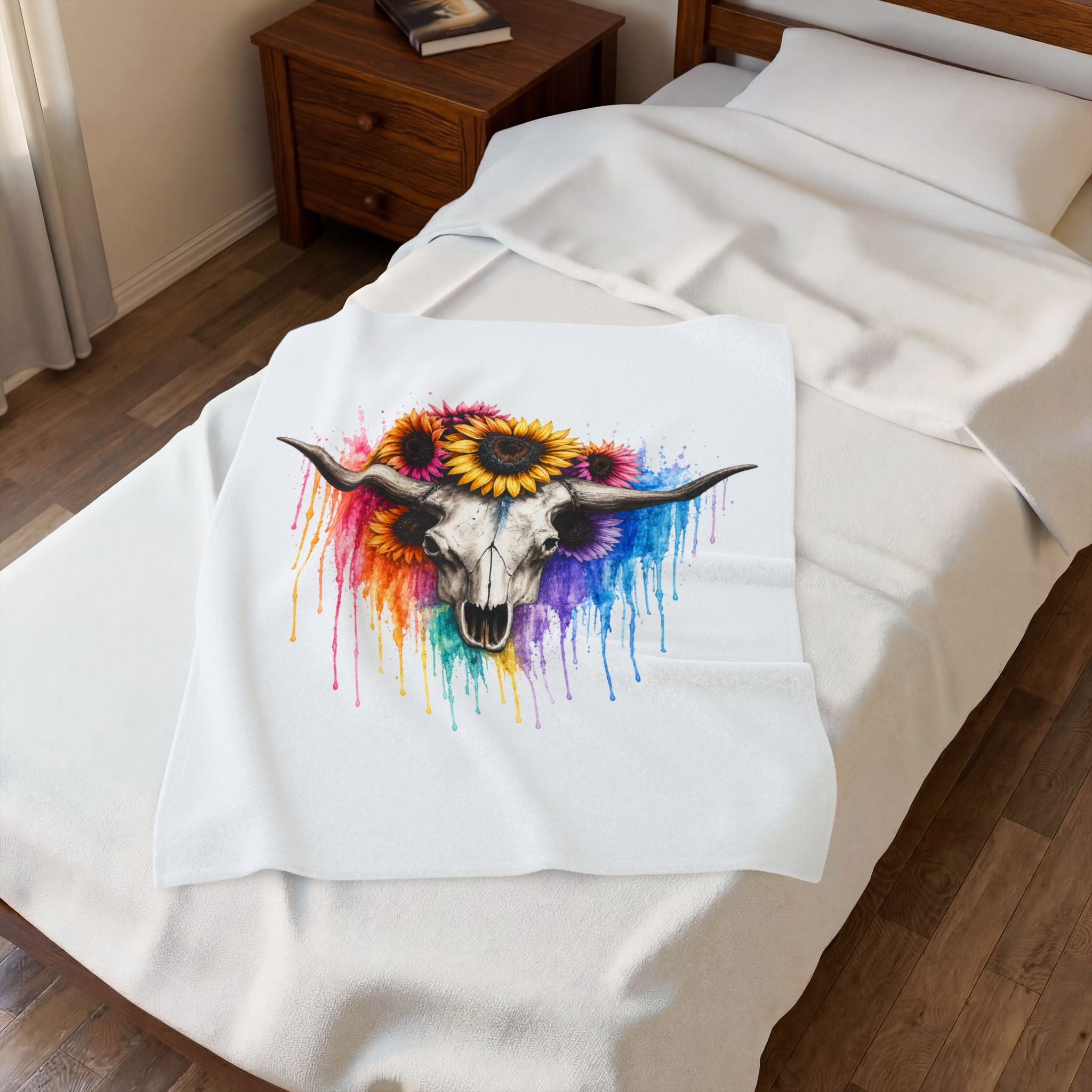 Sunflower Bull Skull Velveteen Blanket | Colorful Drip Watercolor Skull