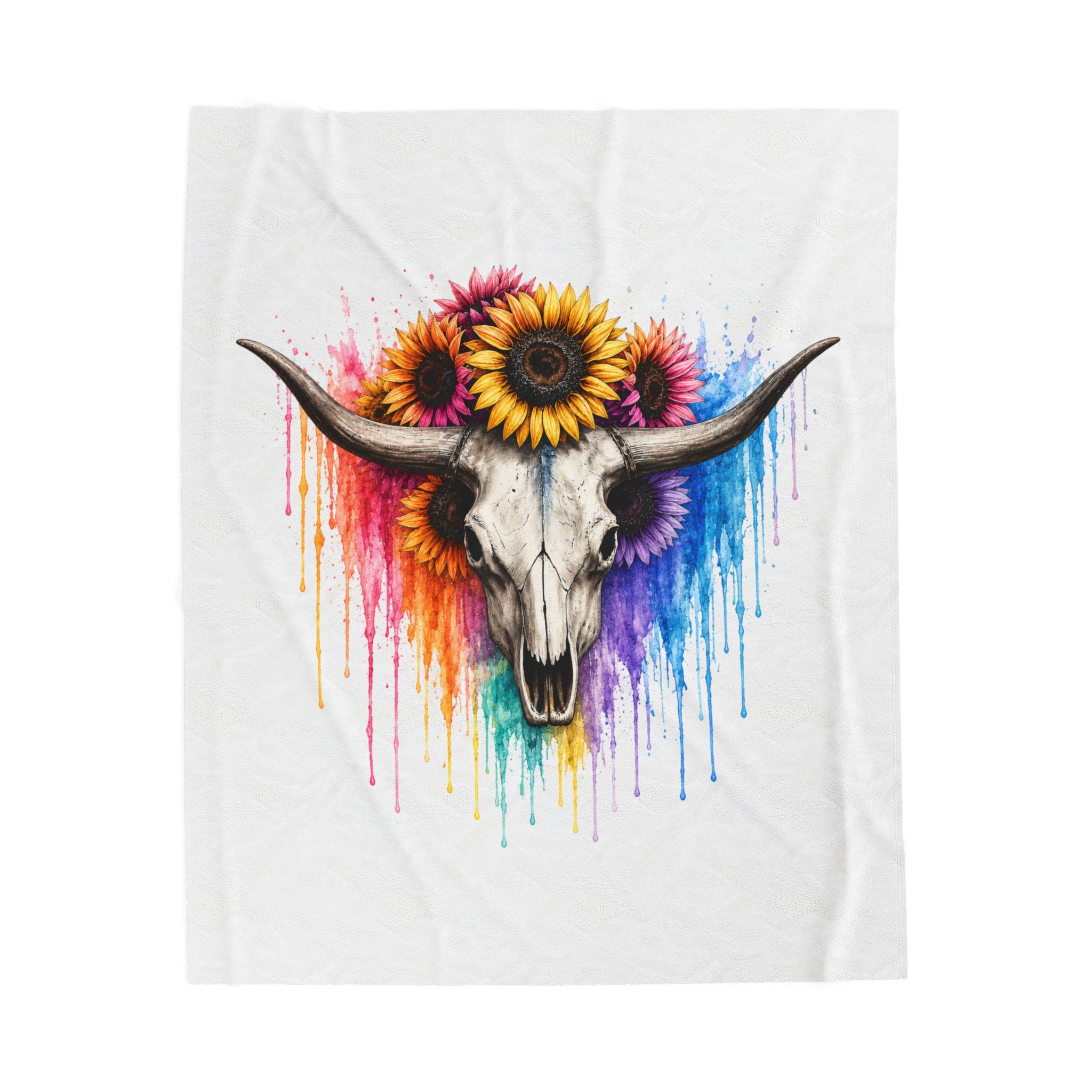 Sunflower Bull Skull Velveteen Blanket | Colorful Drip Watercolor Skull