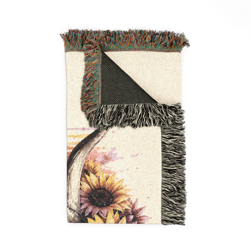 Sunflower Cow Skull Woven Blanket | Southwestern Skull Tapestry Throw
