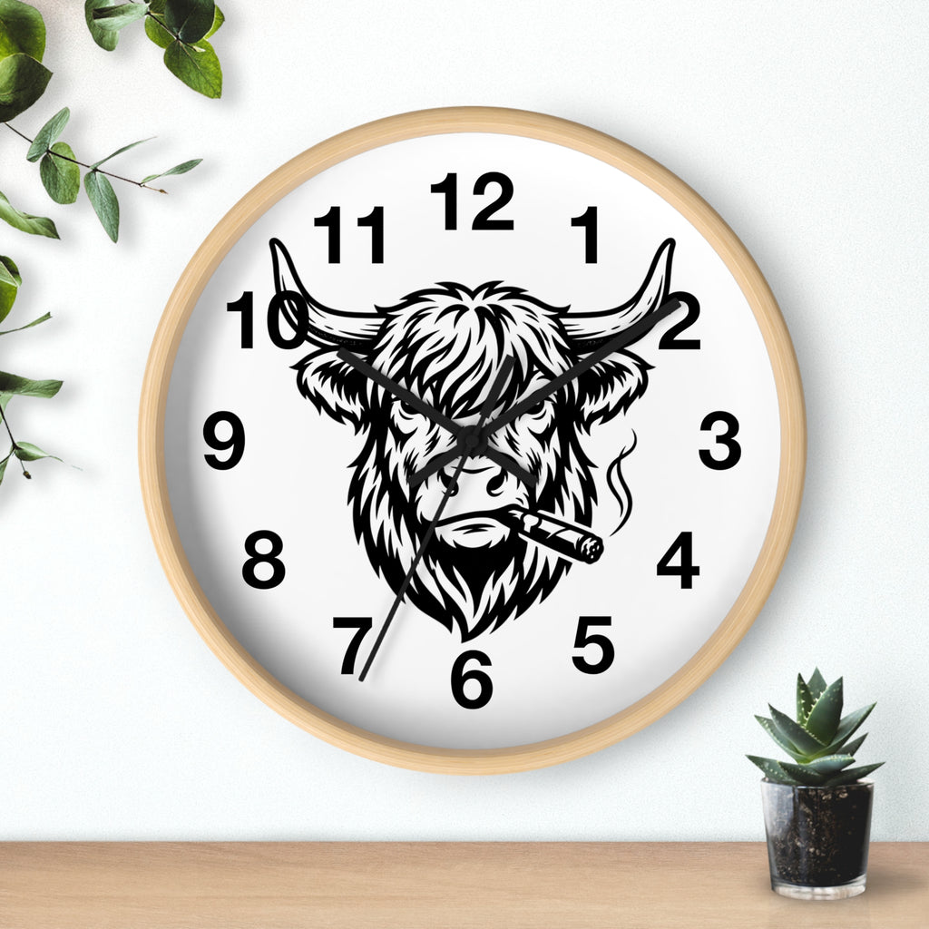 Highland Cow Smoking Cigar Wall Clock | Bull Head Illustration, Rustic Farmhouse Decor