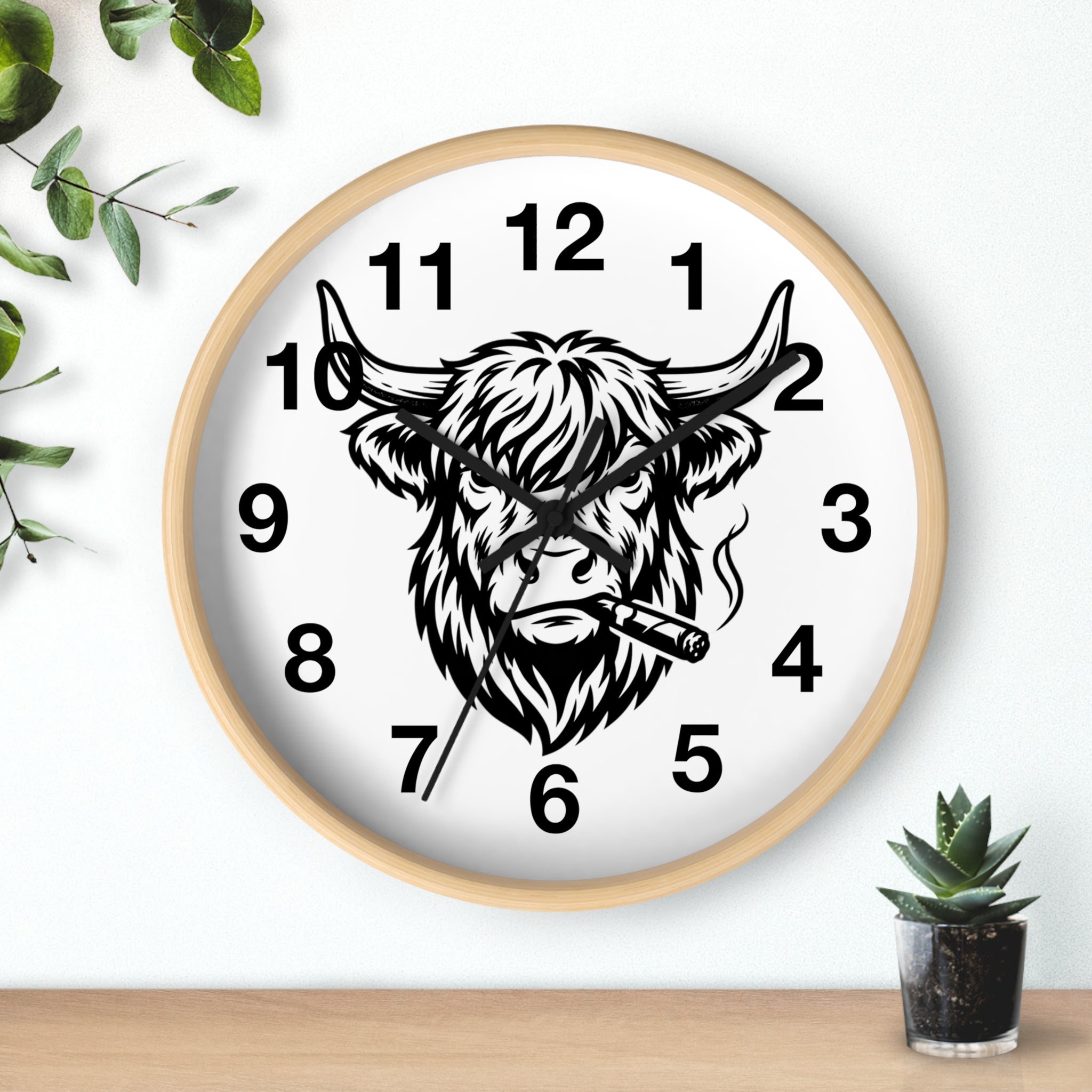 Highland Cow Smoking Cigar Wall Clock | Bull Head Illustration, Rustic Farmhouse Decor