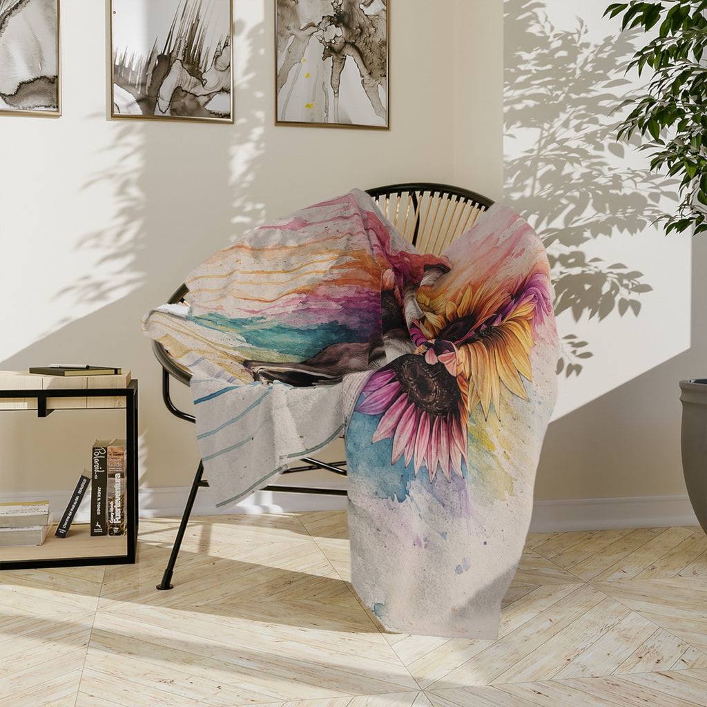 Watercolor Bull Skull with Sunflowers Blanket | Colorful Drip Art Throw