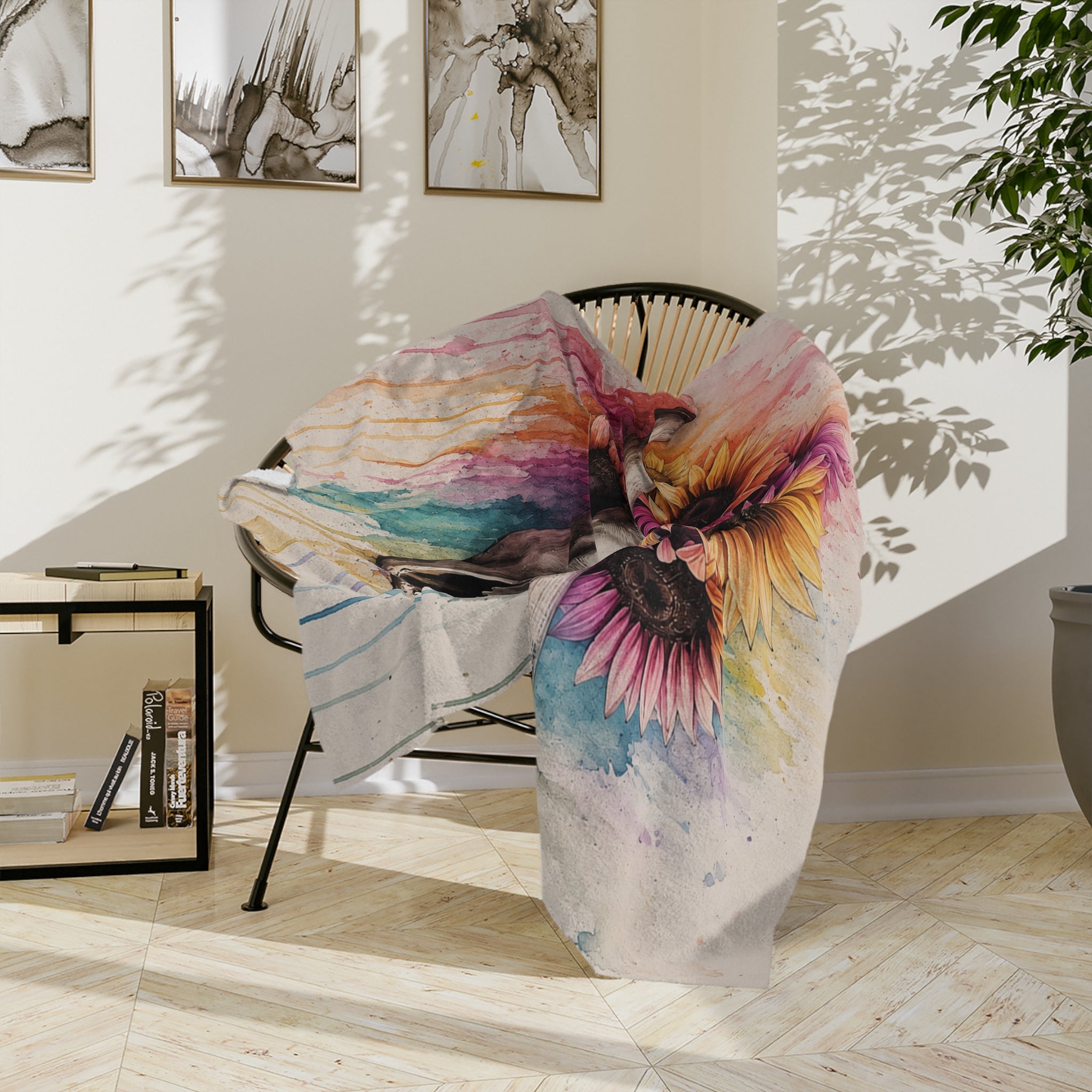 Watercolor Bull Skull with Sunflowers Blanket | Colorful Drip Art Throw