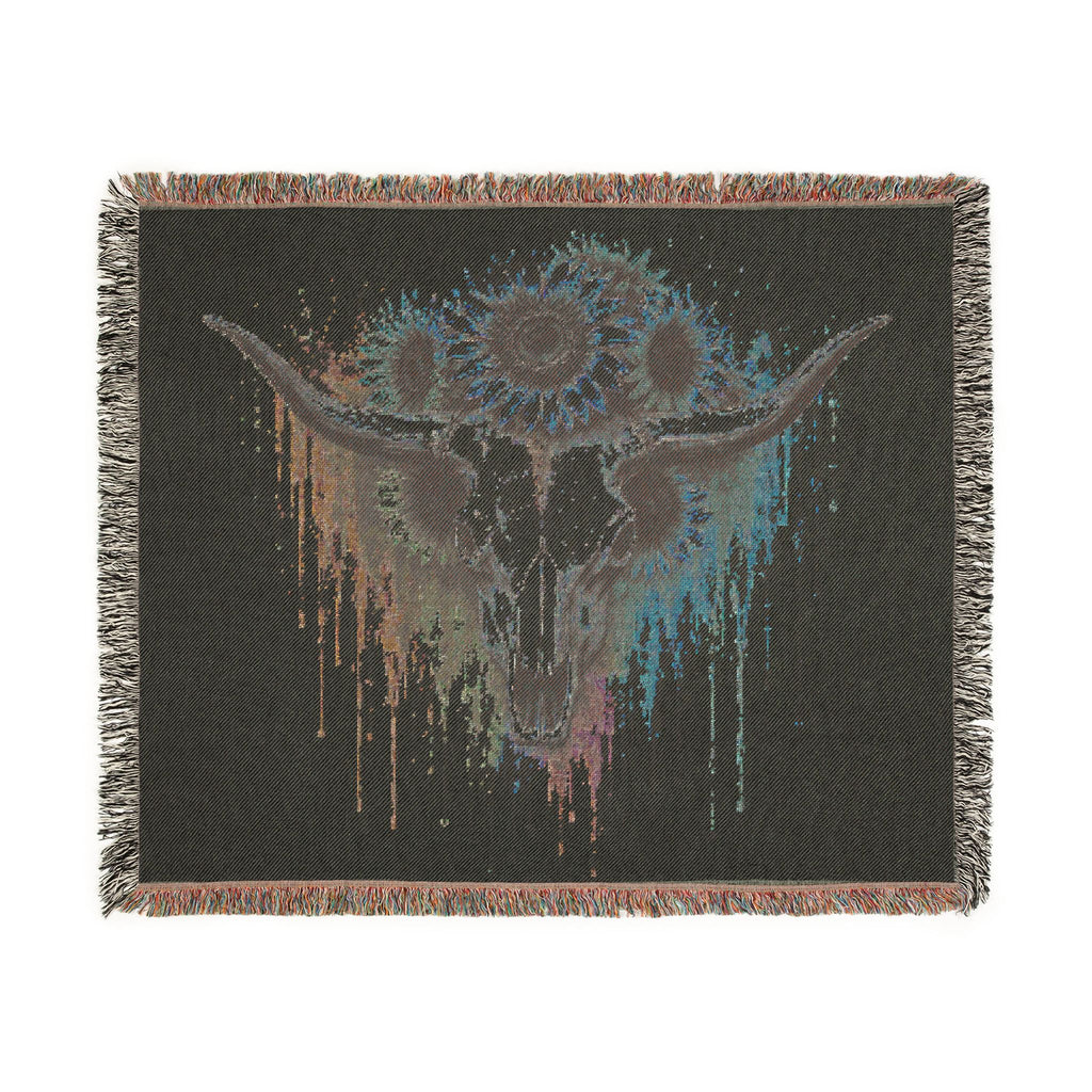 Sunflower Cow Skull Woven Blanket | Southwestern Skull Tapestry Throw
