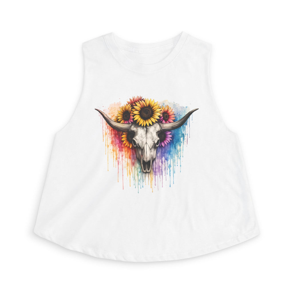 Sunflower Longhorn Skull Crop Top | Colorful Drip Boho Southwestern