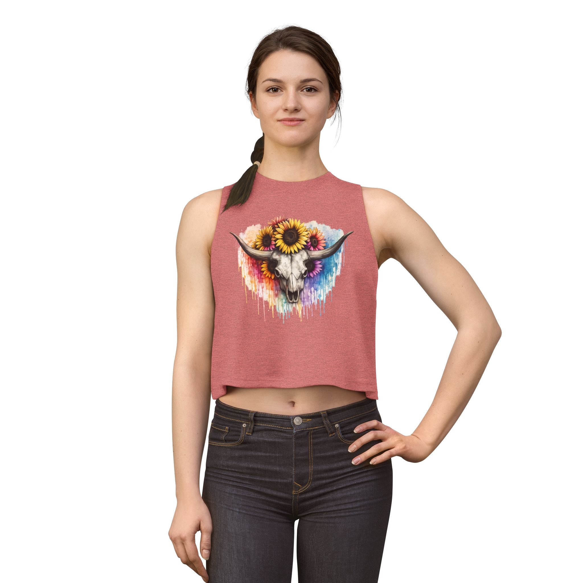 Sunflower Longhorn Skull Crop Top | Colorful Drip Boho Southwestern