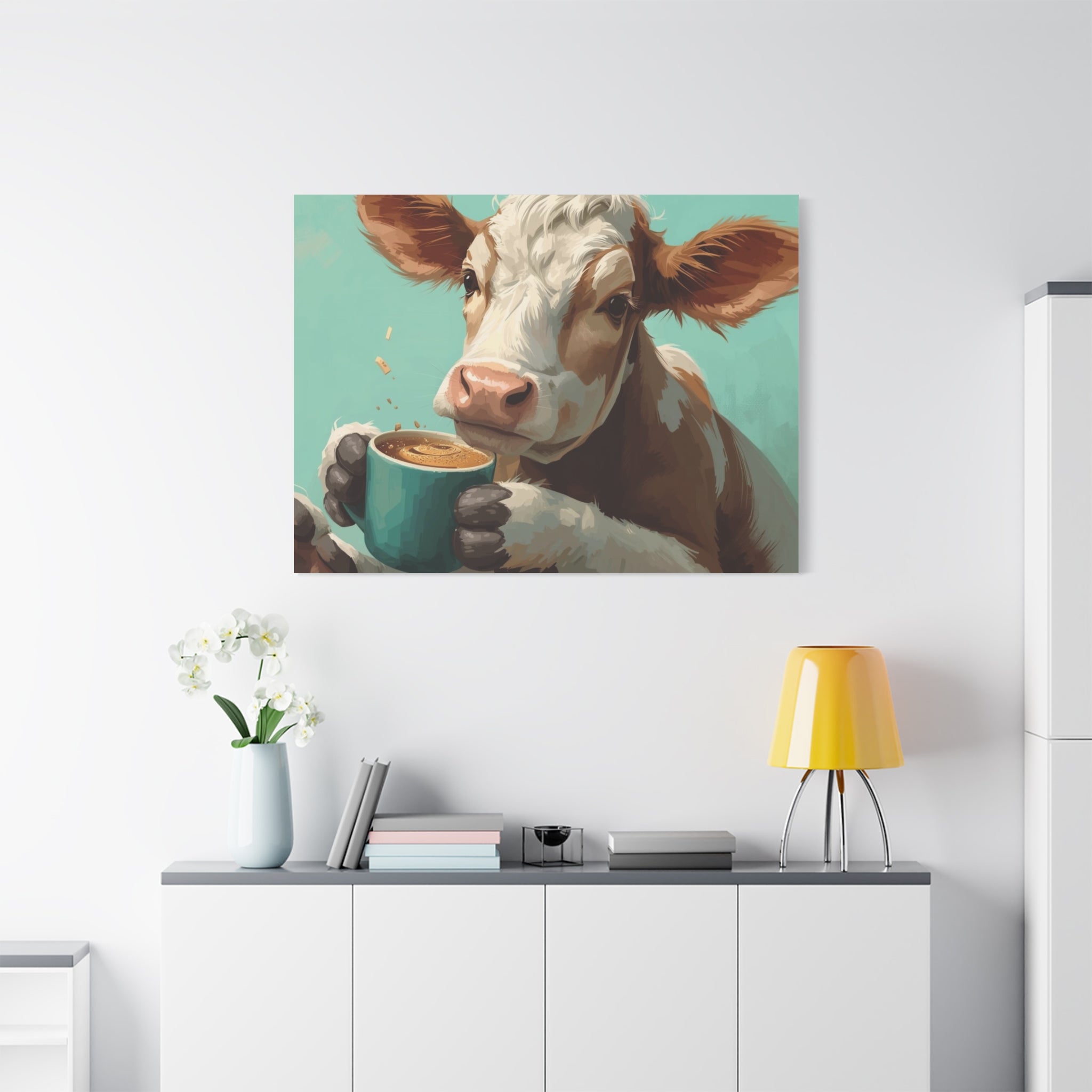 Cow Holding Coffee Canvas