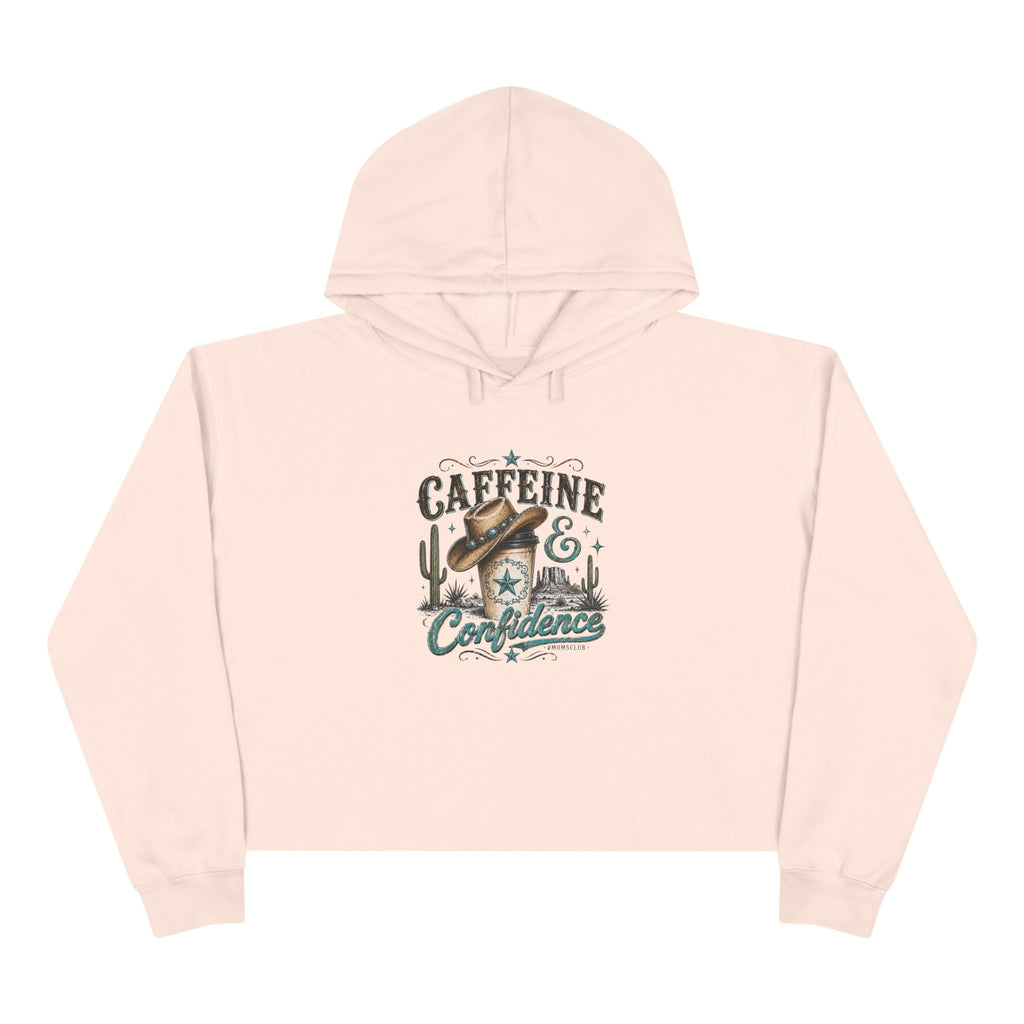Caffeine & Confidence Crop Hoodie — Retro Coffee Desert Graphic