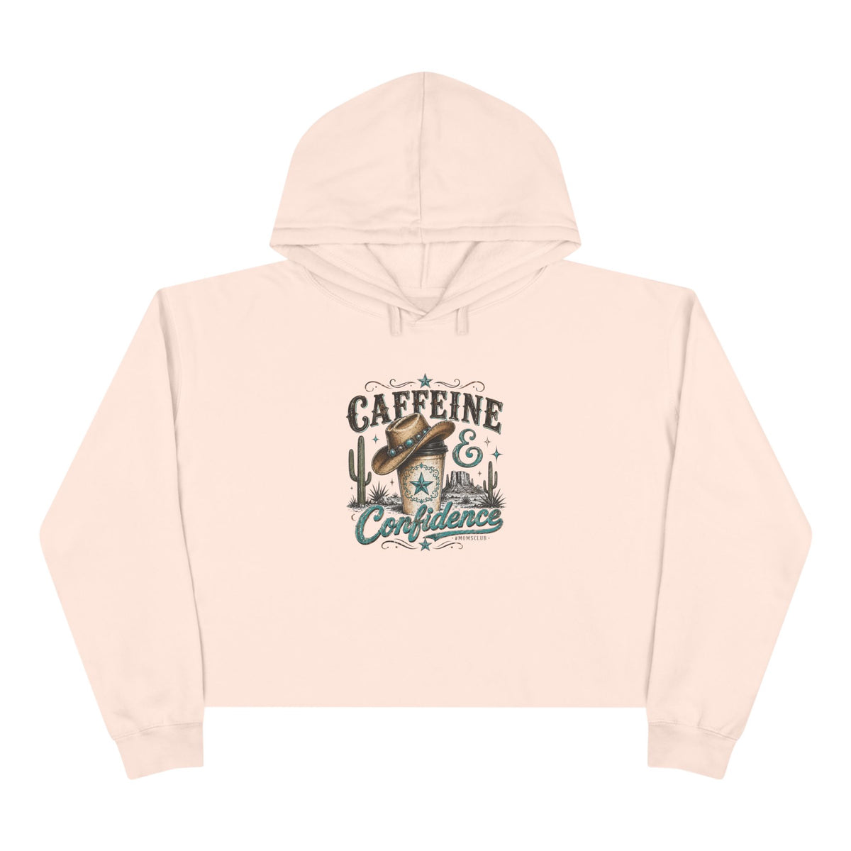 Caffeine & Confidence Crop Hoodie — Retro Coffee Desert Graphic