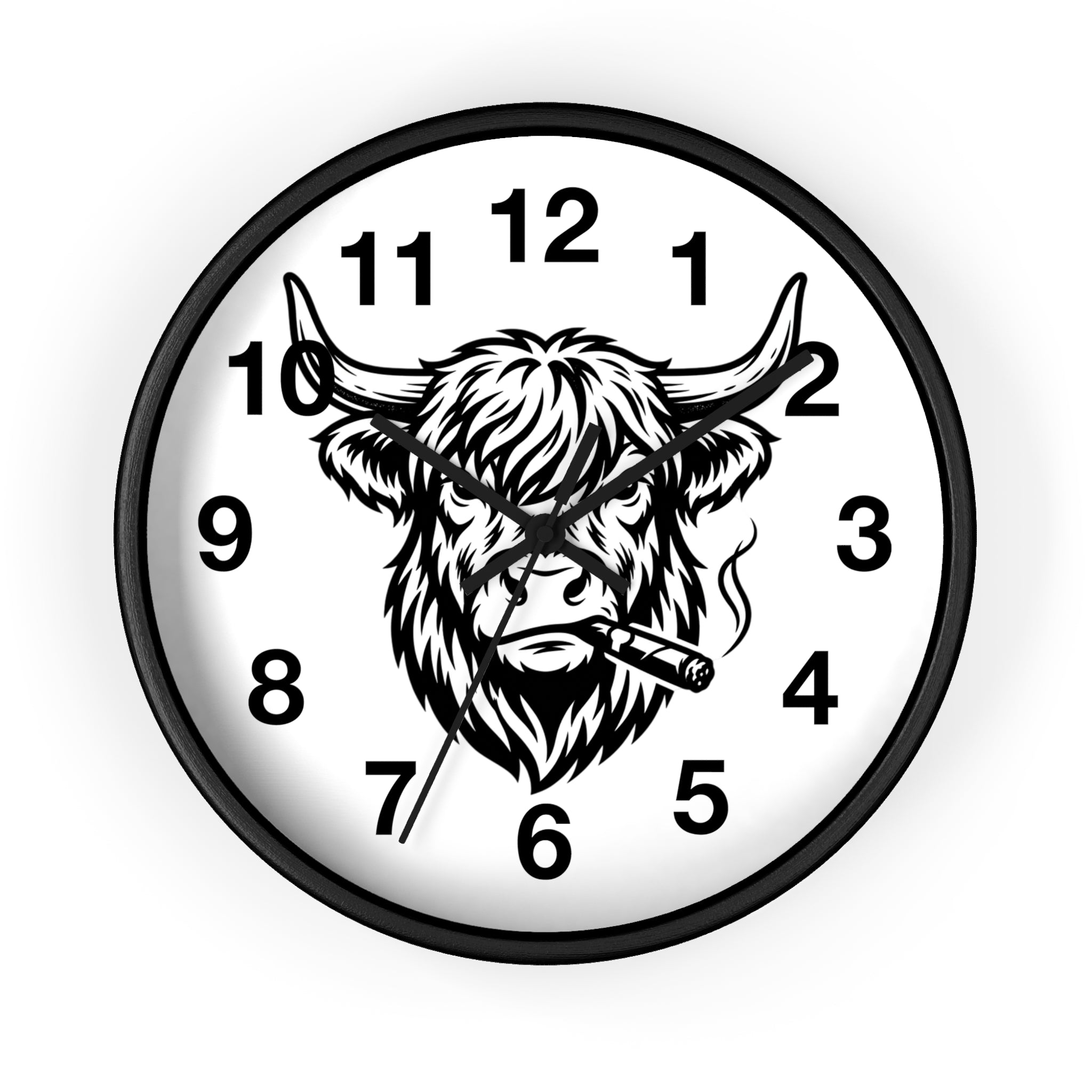 Highland Cow Smoking Cigar Wall Clock | Bull Head Illustration, Rustic Farmhouse Decor