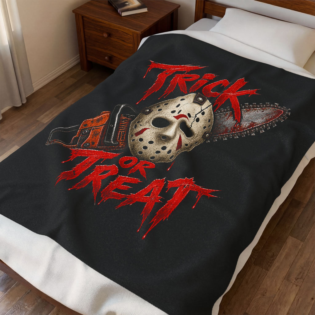 Horror 'Trick or Treat' Plush Blanket — Jason Mask & Chainsaw Halloween Throw