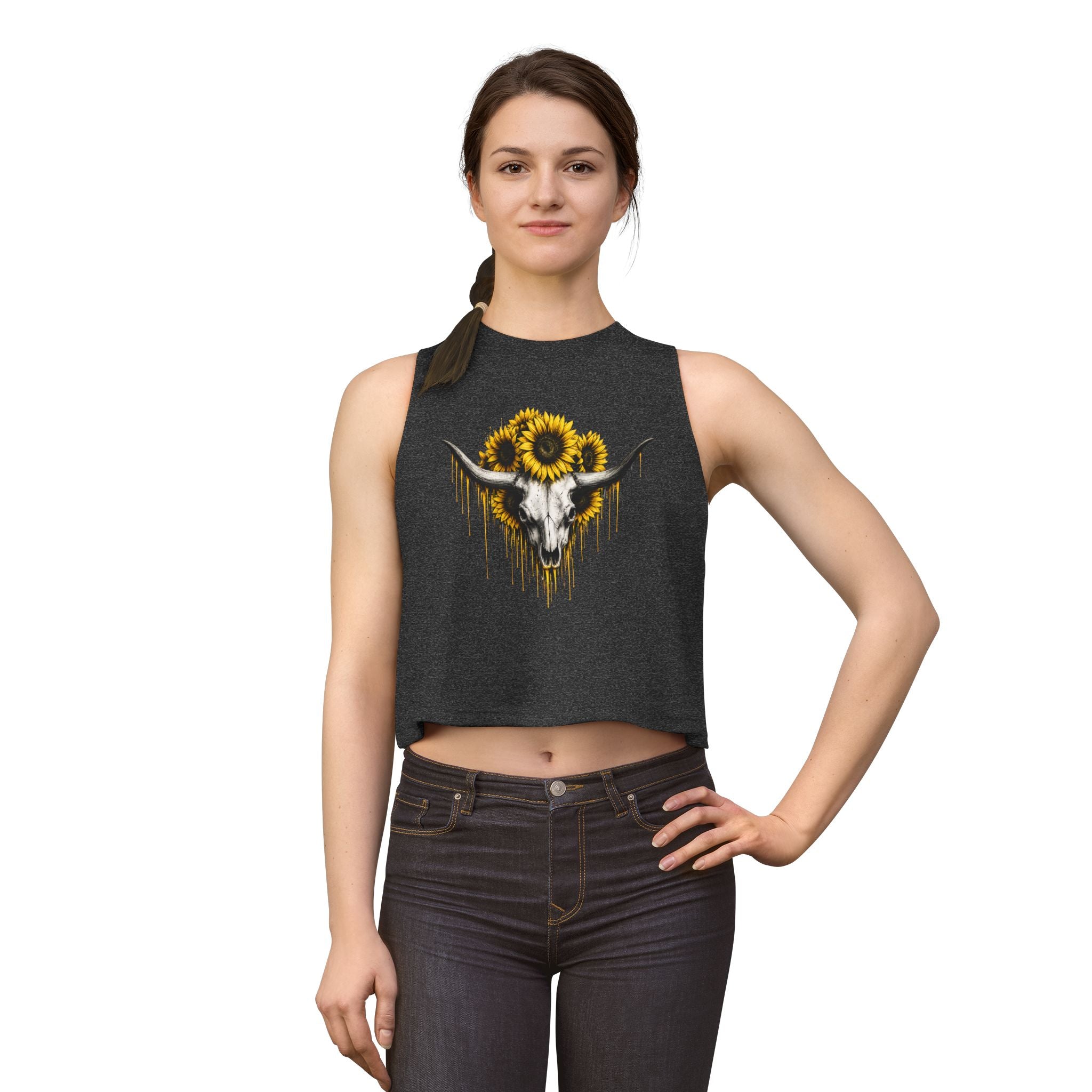 Sunflower Longhorn Skull Women's Crop Top | Southwestern Floral Skull