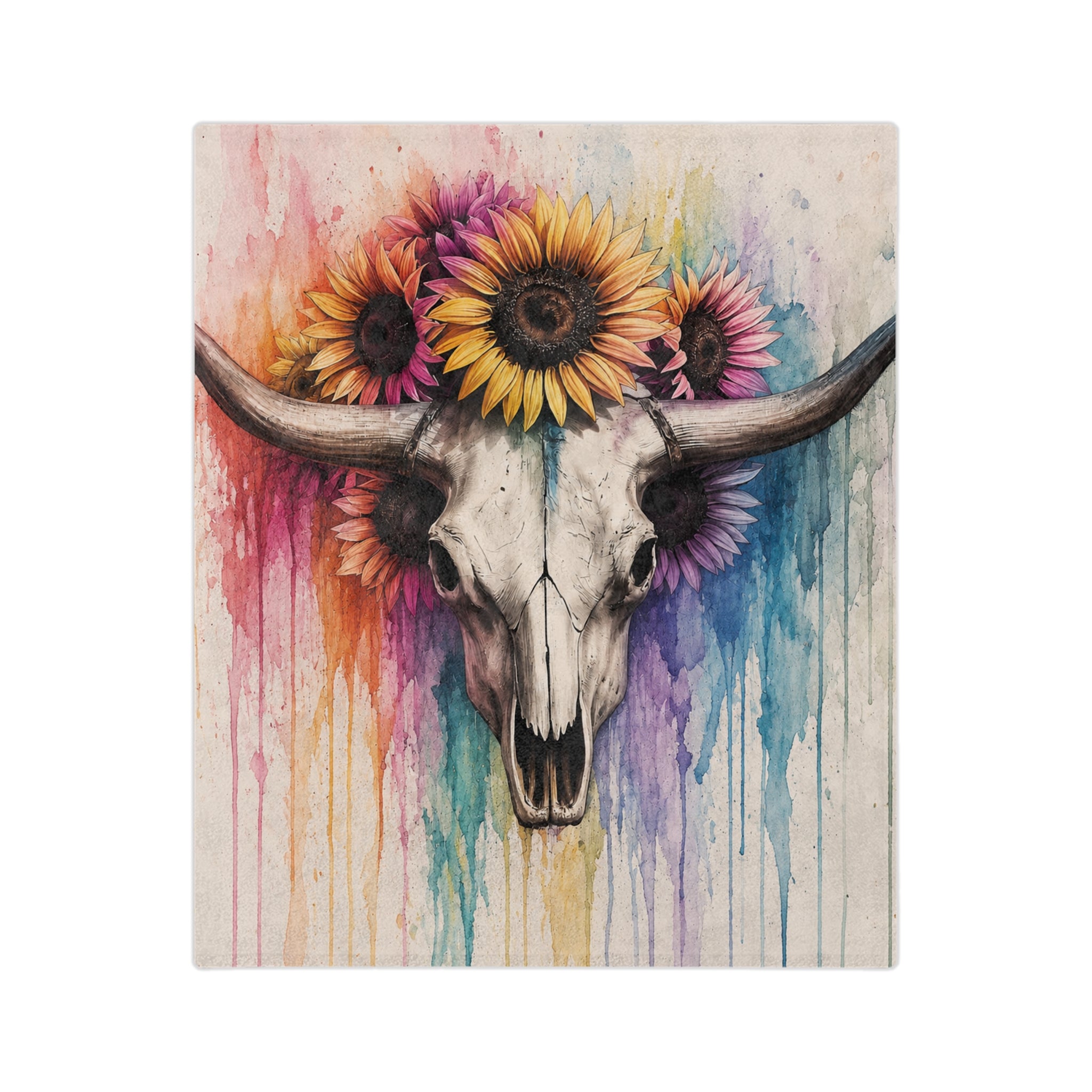 Watercolor Bull Skull with Sunflowers Blanket | Colorful Drip Art Throw