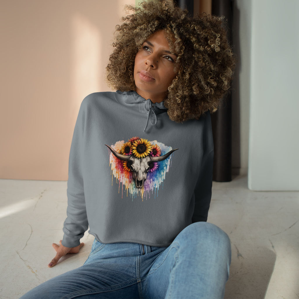 Sunflower Cow Skull Crop Hoodie — Boho Western Art Pullover
