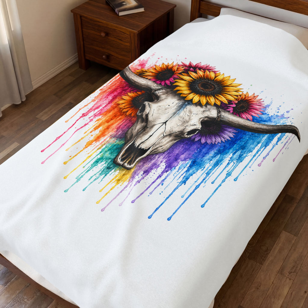 Sunflower Bull Skull Velveteen Blanket | Colorful Drip Watercolor Skull