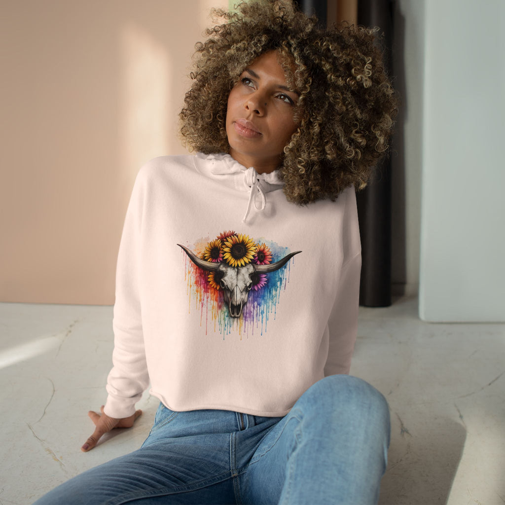 Sunflower Cow Skull Crop Hoodie — Boho Western Art Pullover