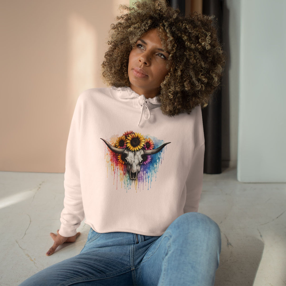 Sunflower Cow Skull Crop Hoodie — Boho Western Art Pullover