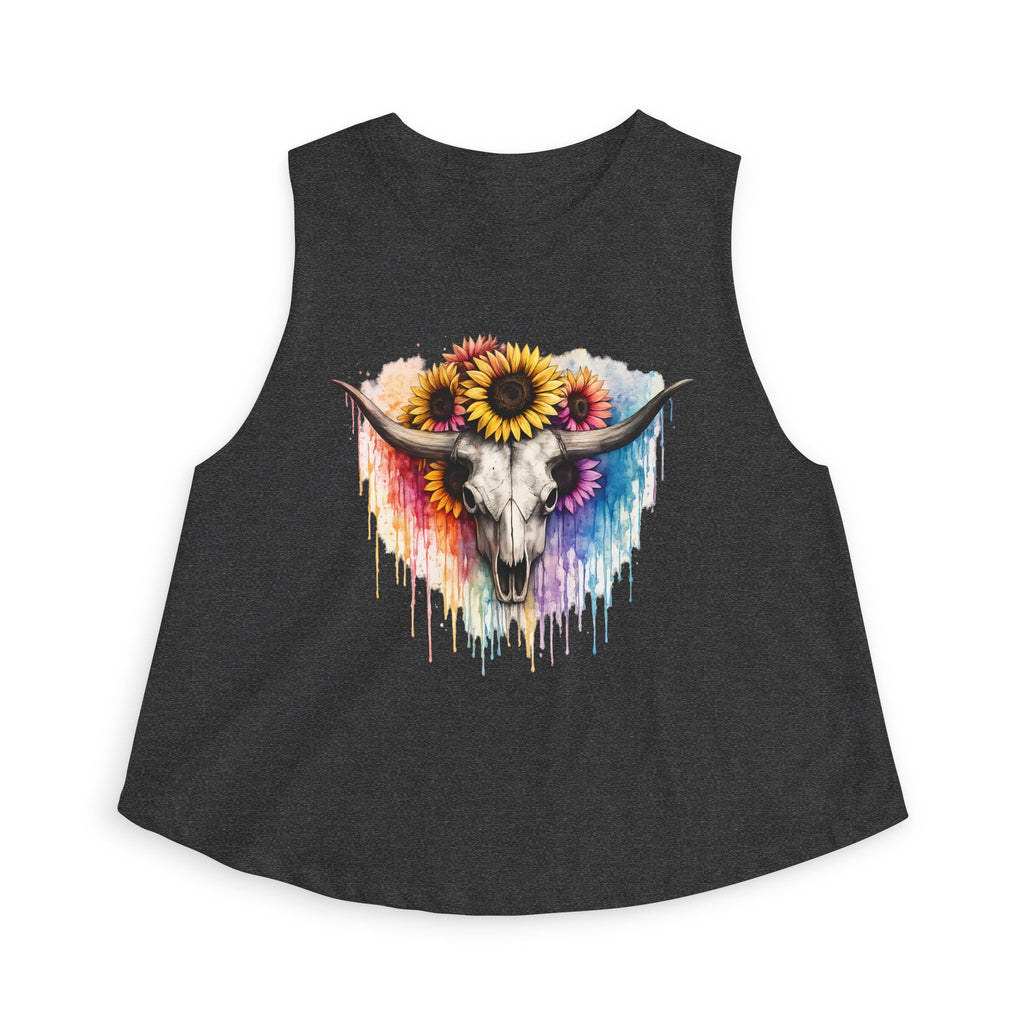 Sunflower Longhorn Skull Crop Top | Colorful Drip Boho Southwestern