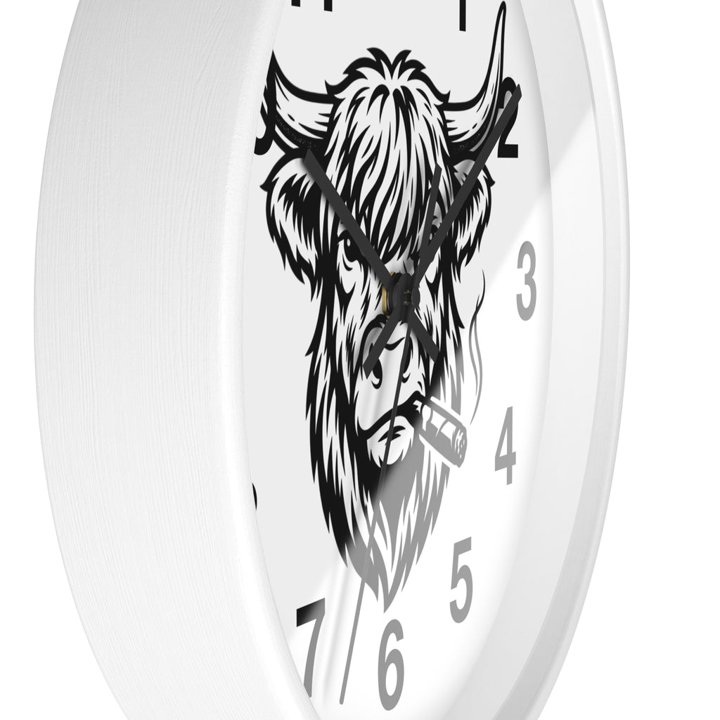 Highland Cow Smoking Cigar Wall Clock | Bull Head Illustration, Rustic Farmhouse Decor
