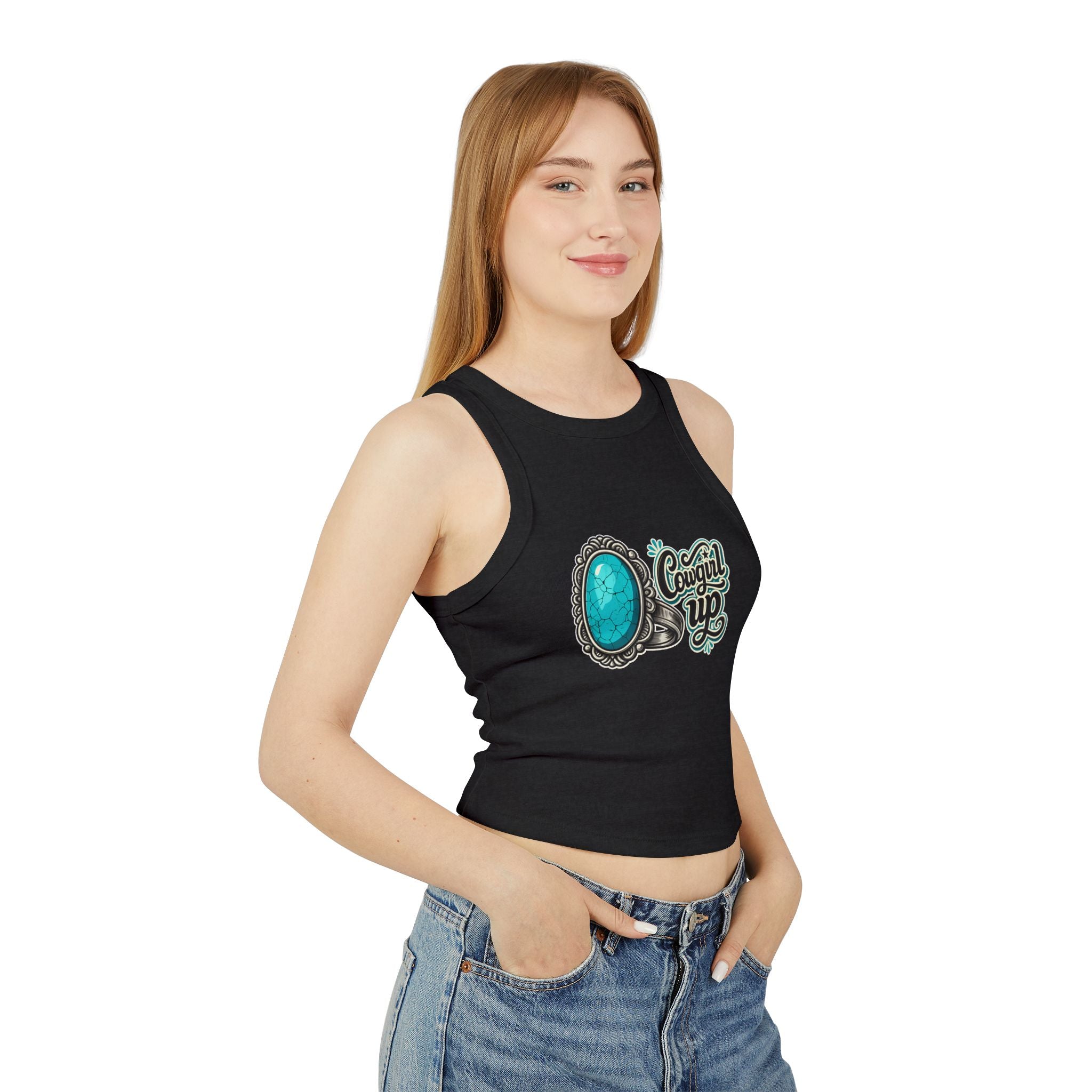 Cowgirl Up Turquoise Ring Buckle Racer Tank Top | Western Cowgirl Graphic