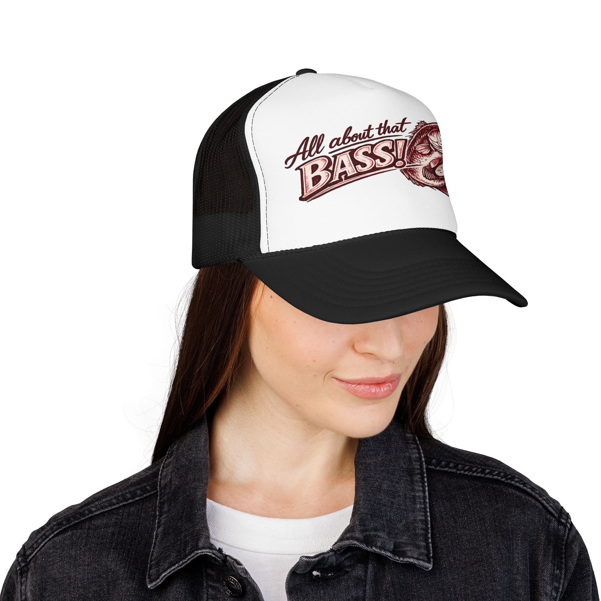 All About That Bass fishing graphic Foam Trucker Hat | Bass Fish Cap