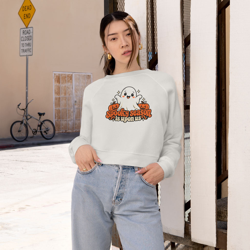 Cropped Pullover — "Spooky Season Is Upon Us" Ghost & Pumpkins Halloween Sweatshirt