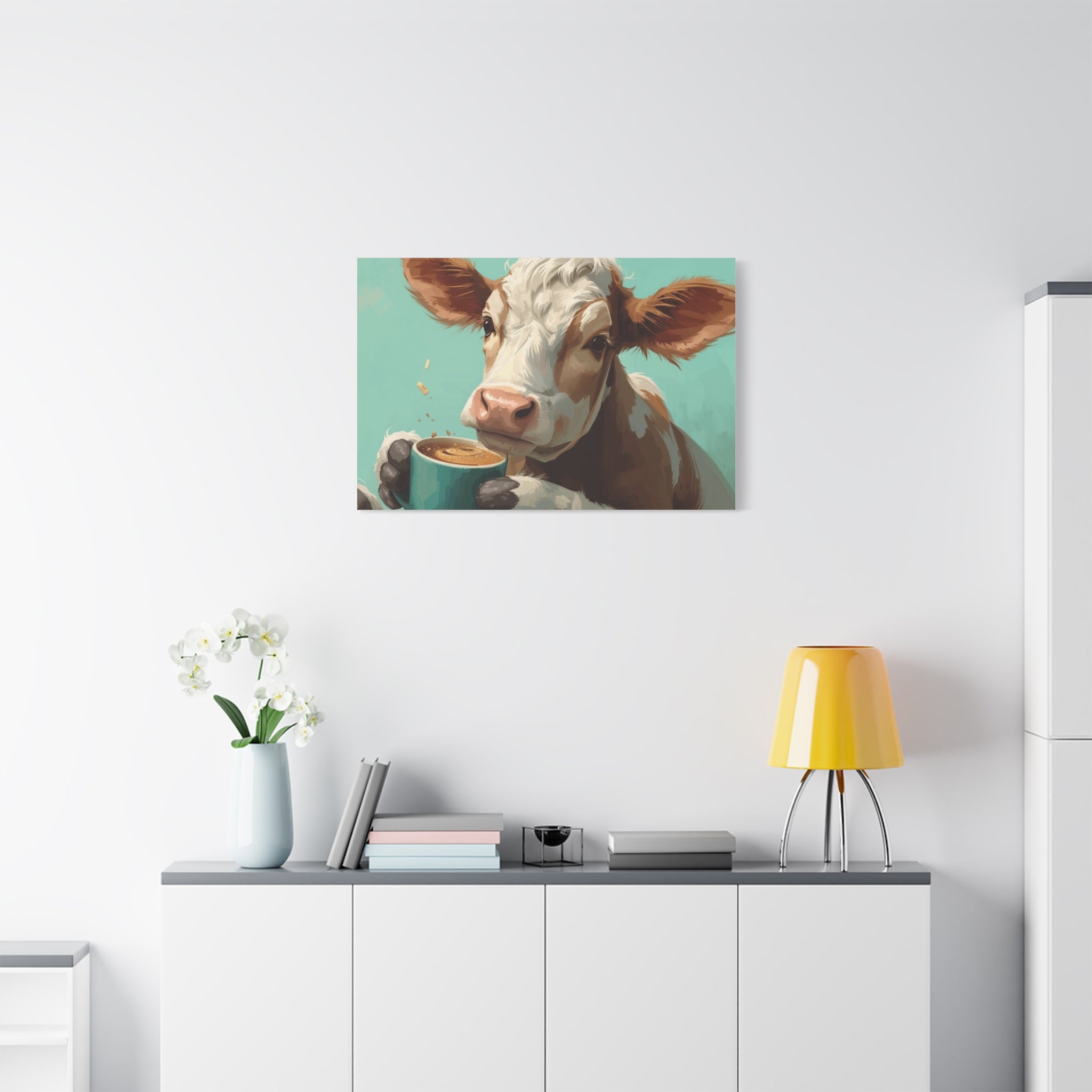 Cow Holding Coffee Canvas