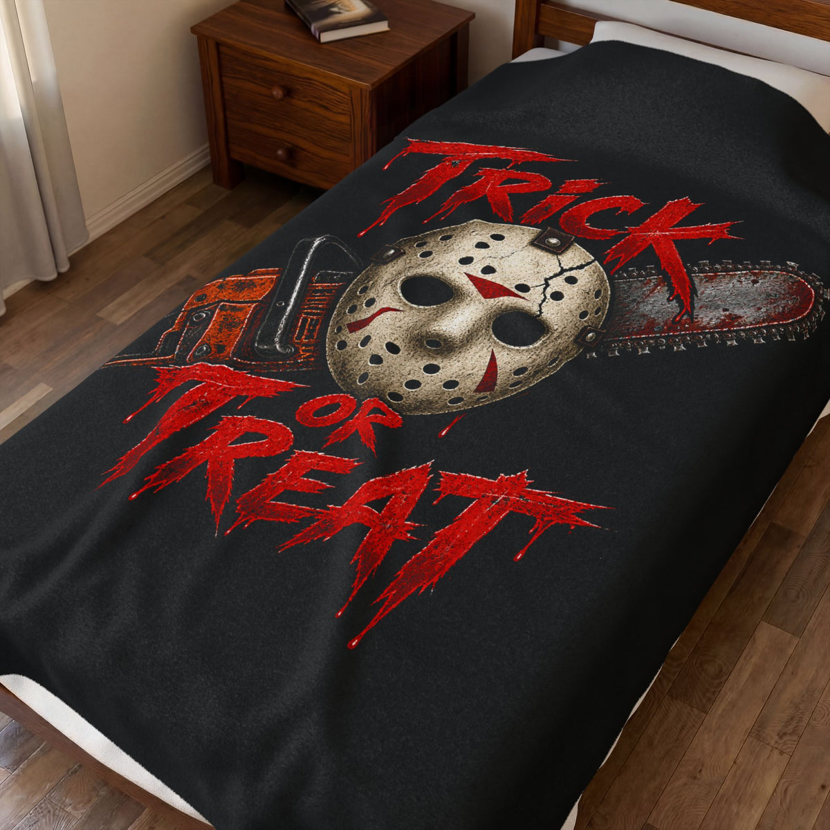 Horror 'Trick or Treat' Plush Blanket — Jason Mask & Chainsaw Halloween Throw
