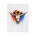 Sunflower Bull Skull Velveteen Blanket | Colorful Drip Watercolor Skull