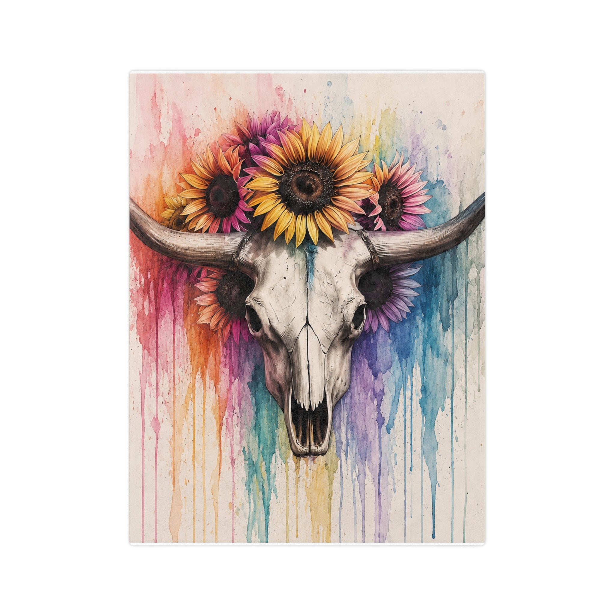 Watercolor Bull Skull with Sunflowers Blanket | Colorful Drip Art Throw