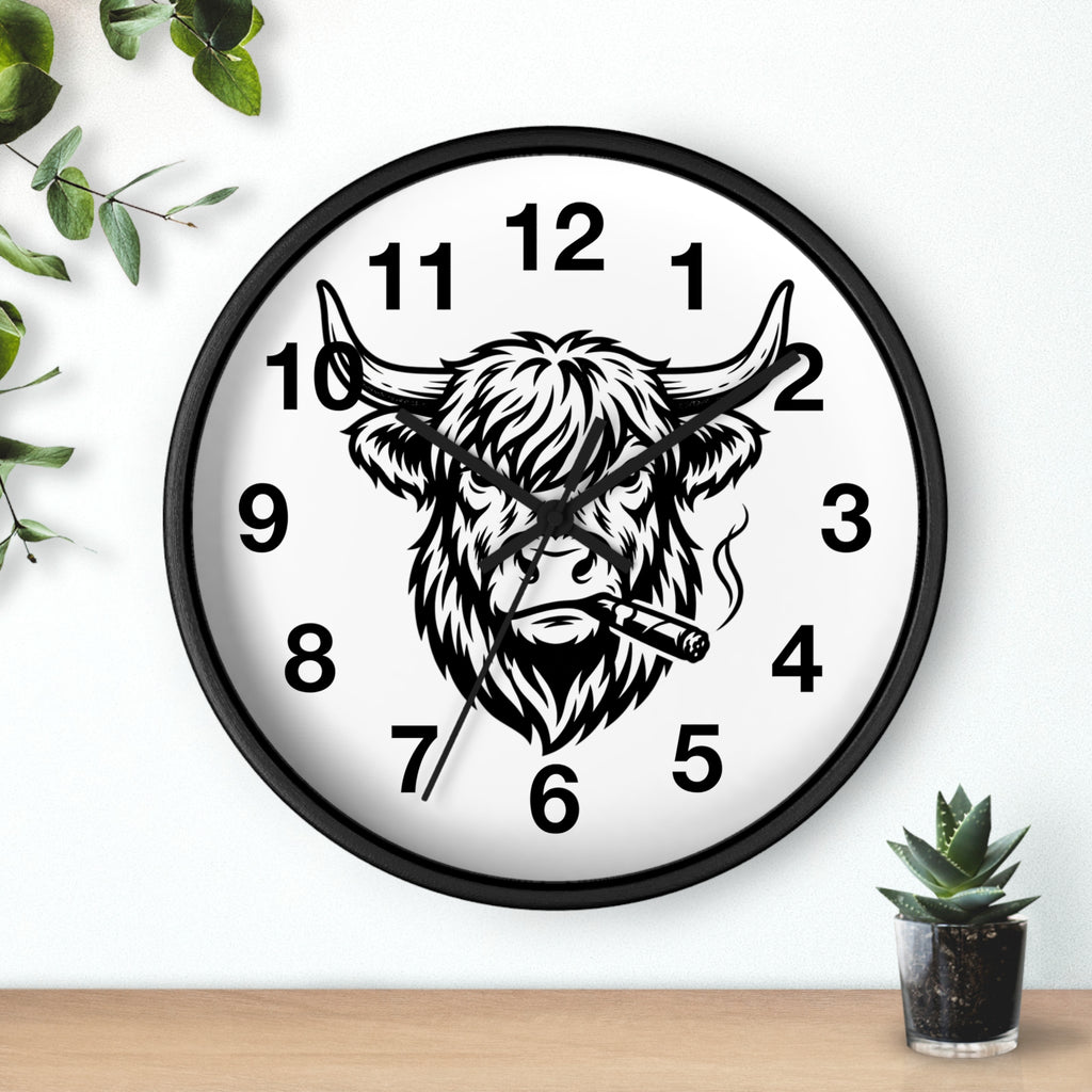 Highland Cow Smoking Cigar Wall Clock | Bull Head Illustration, Rustic Farmhouse Decor