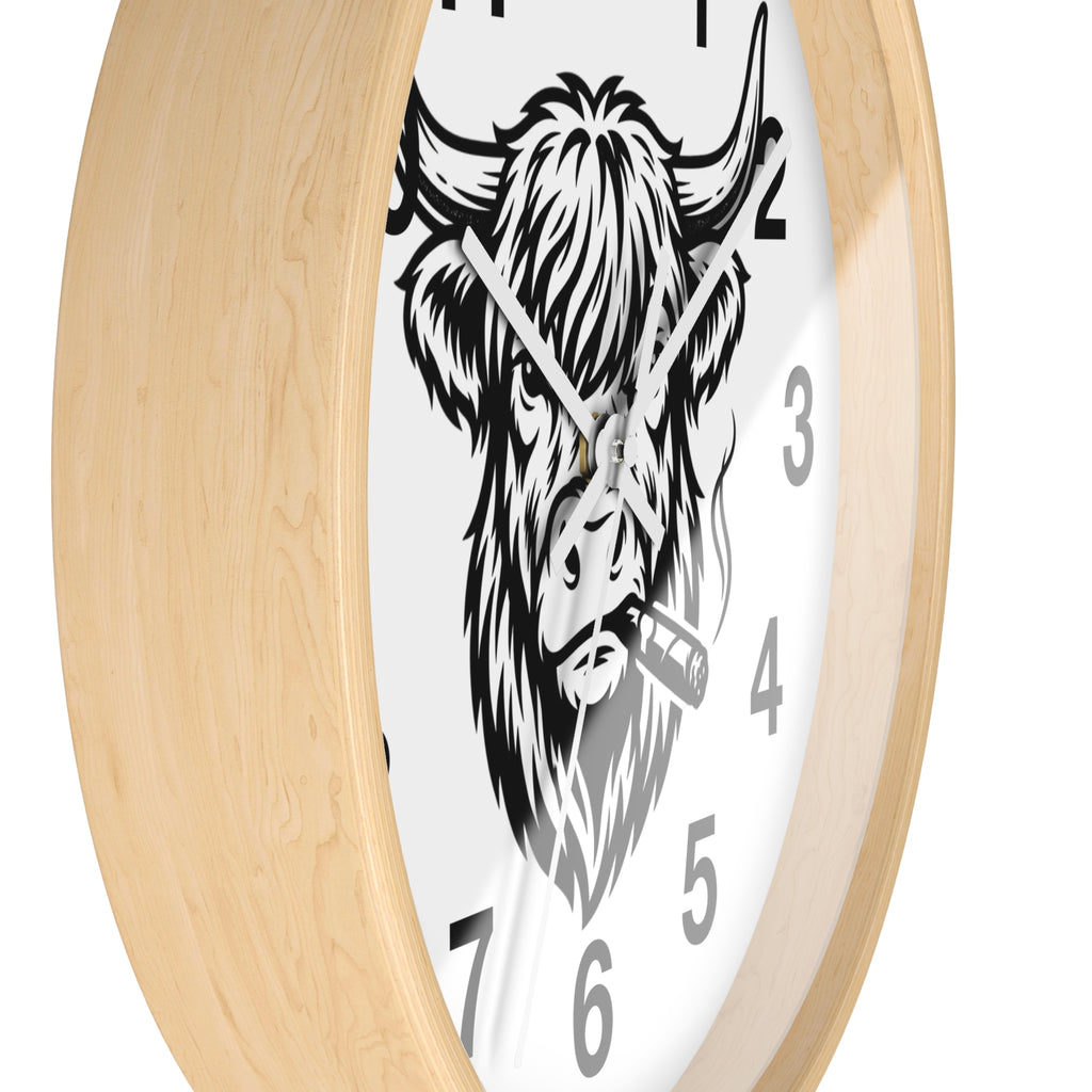Highland Cow Smoking Cigar Wall Clock | Bull Head Illustration, Rustic Farmhouse Decor