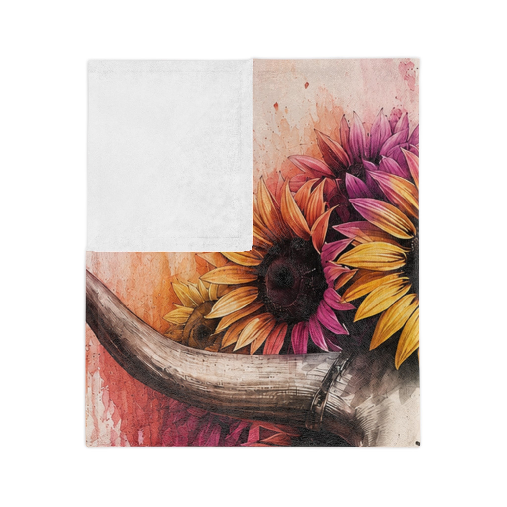 Watercolor Bull Skull with Sunflowers Blanket | Colorful Drip Art Throw