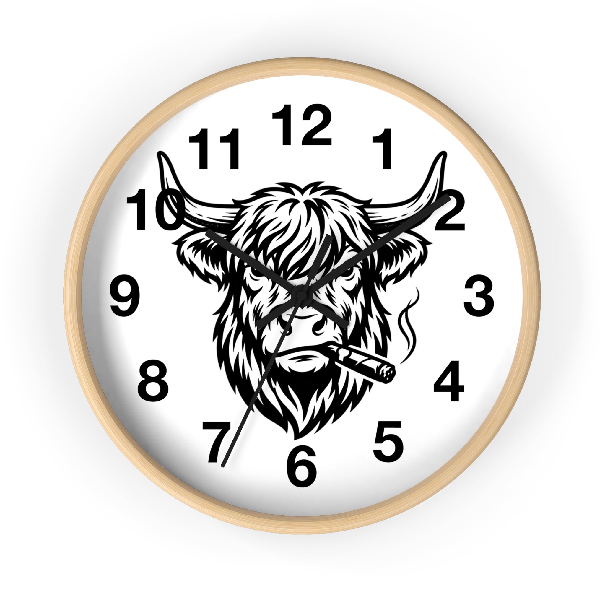 Highland Cow Smoking Cigar Wall Clock | Bull Head Illustration, Rustic Farmhouse Decor