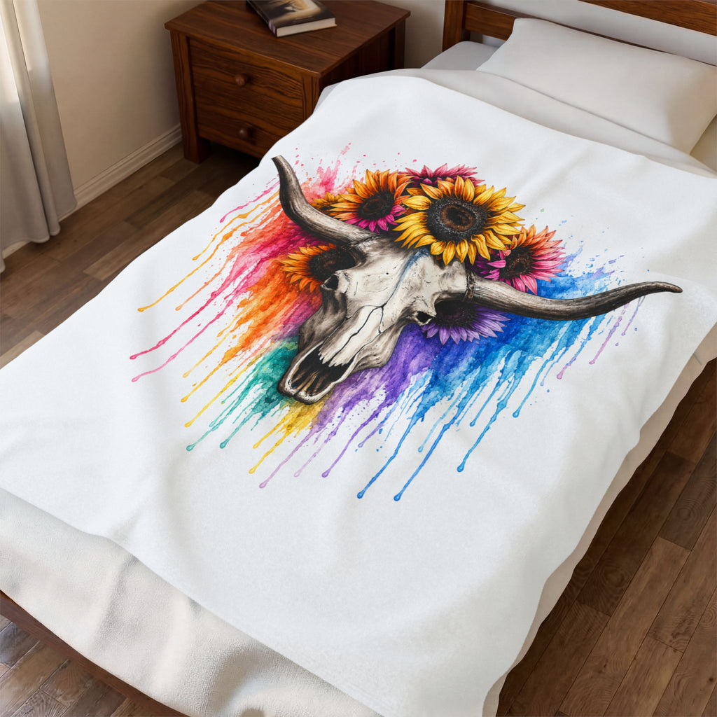 Sunflower Bull Skull Velveteen Blanket | Colorful Drip Watercolor Skull