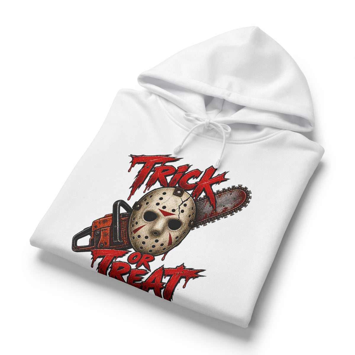 Trick or Treat Horror Hoodie — Jason Mask & Chainsaw Halloween Sweatshirt