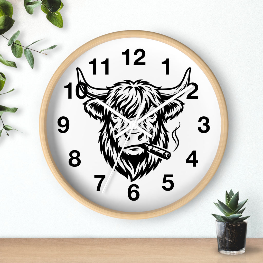 Highland Cow Smoking Cigar Wall Clock | Bull Head Illustration, Rustic Farmhouse Decor