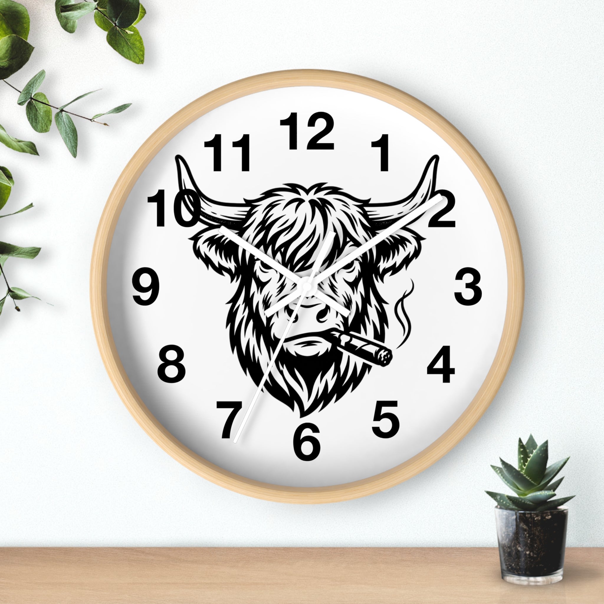 Highland Cow Smoking Cigar Wall Clock | Bull Head Illustration, Rustic Farmhouse Decor