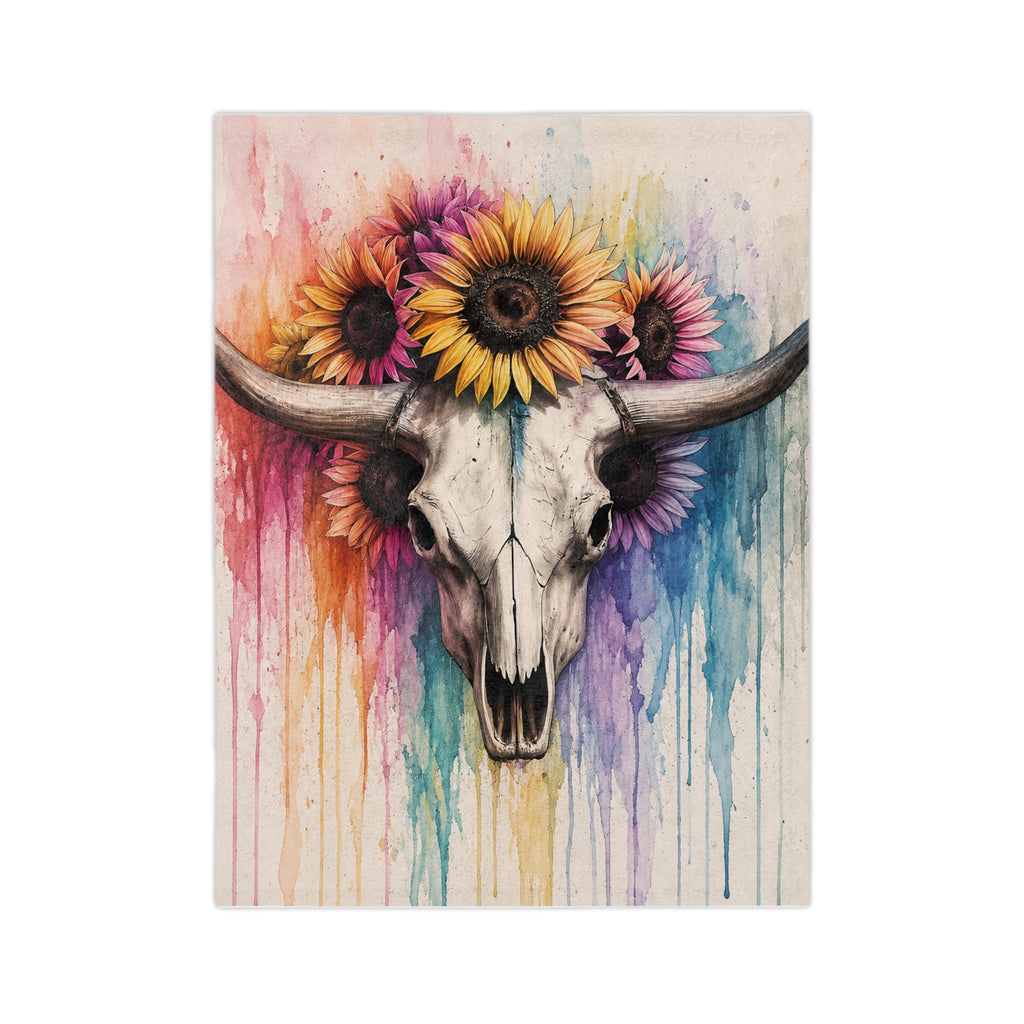 Watercolor Bull Skull with Sunflowers Blanket | Colorful Drip Art Throw