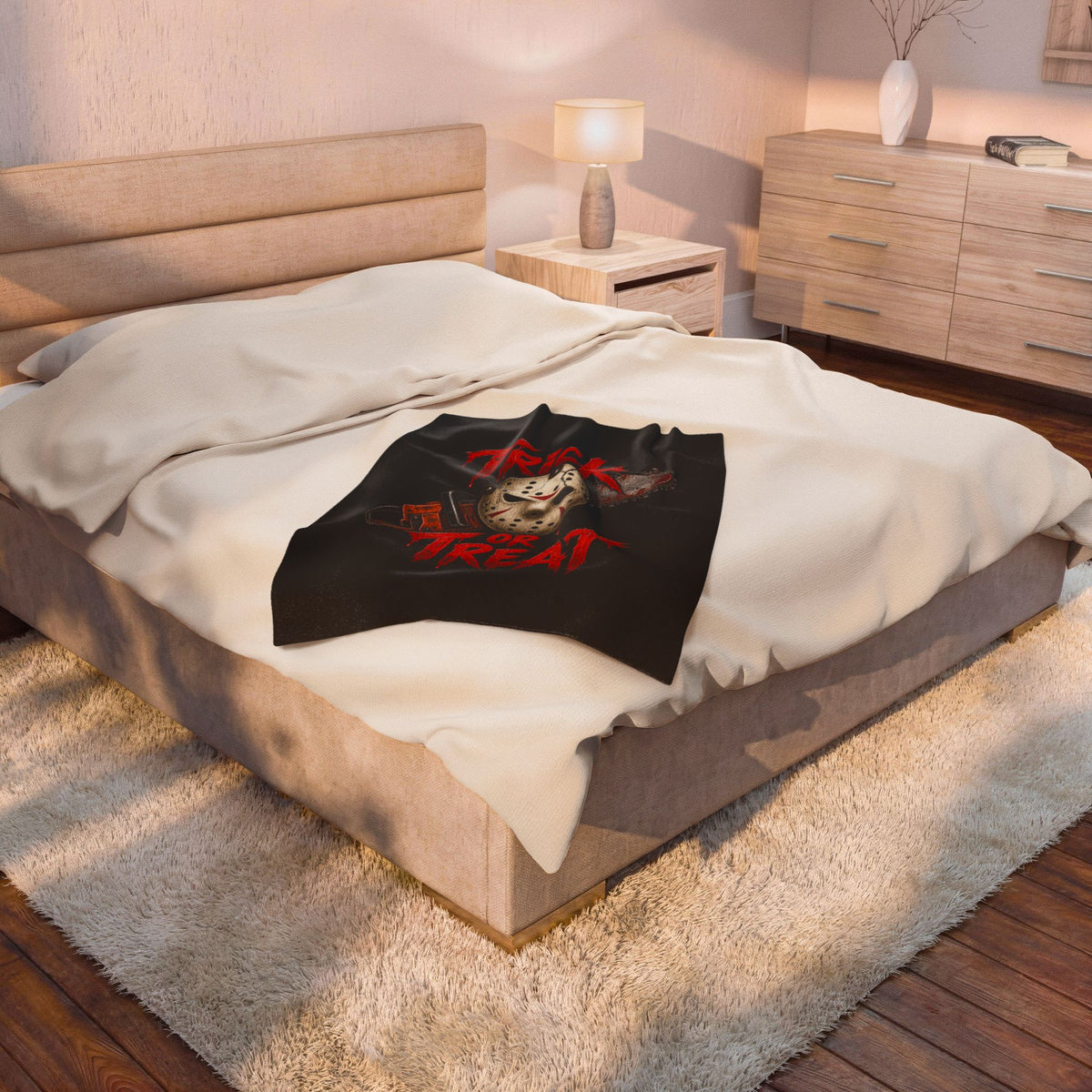 Horror 'Trick or Treat' Plush Blanket — Jason Mask & Chainsaw Halloween Throw