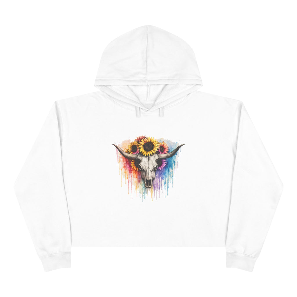 Sunflower Cow Skull Crop Hoodie — Boho Western Art Pullover