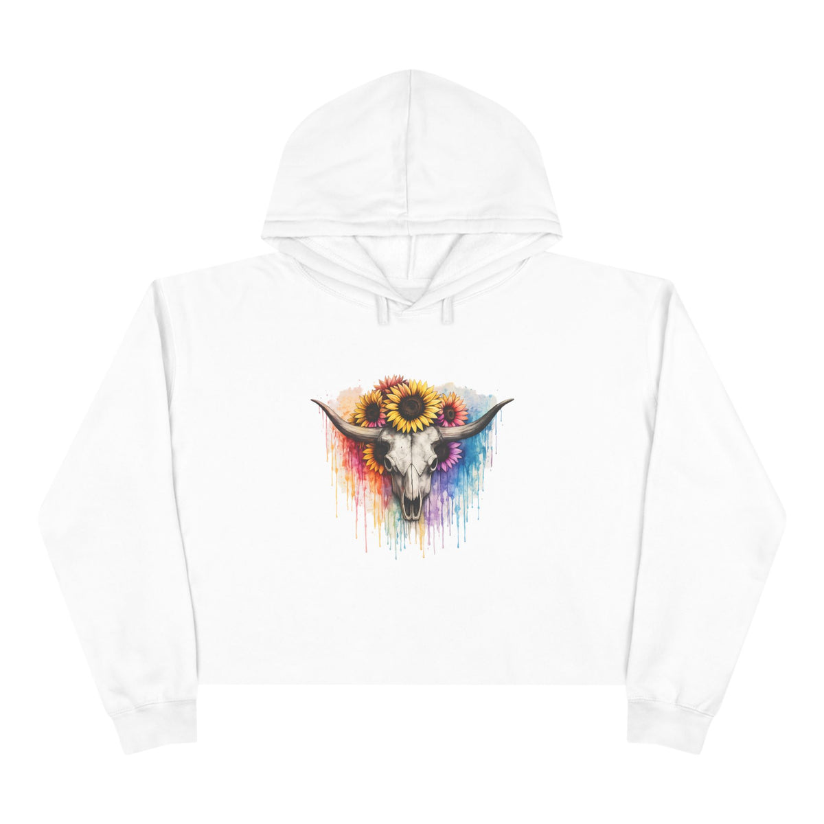 Sunflower Cow Skull Crop Hoodie — Boho Western Art Pullover