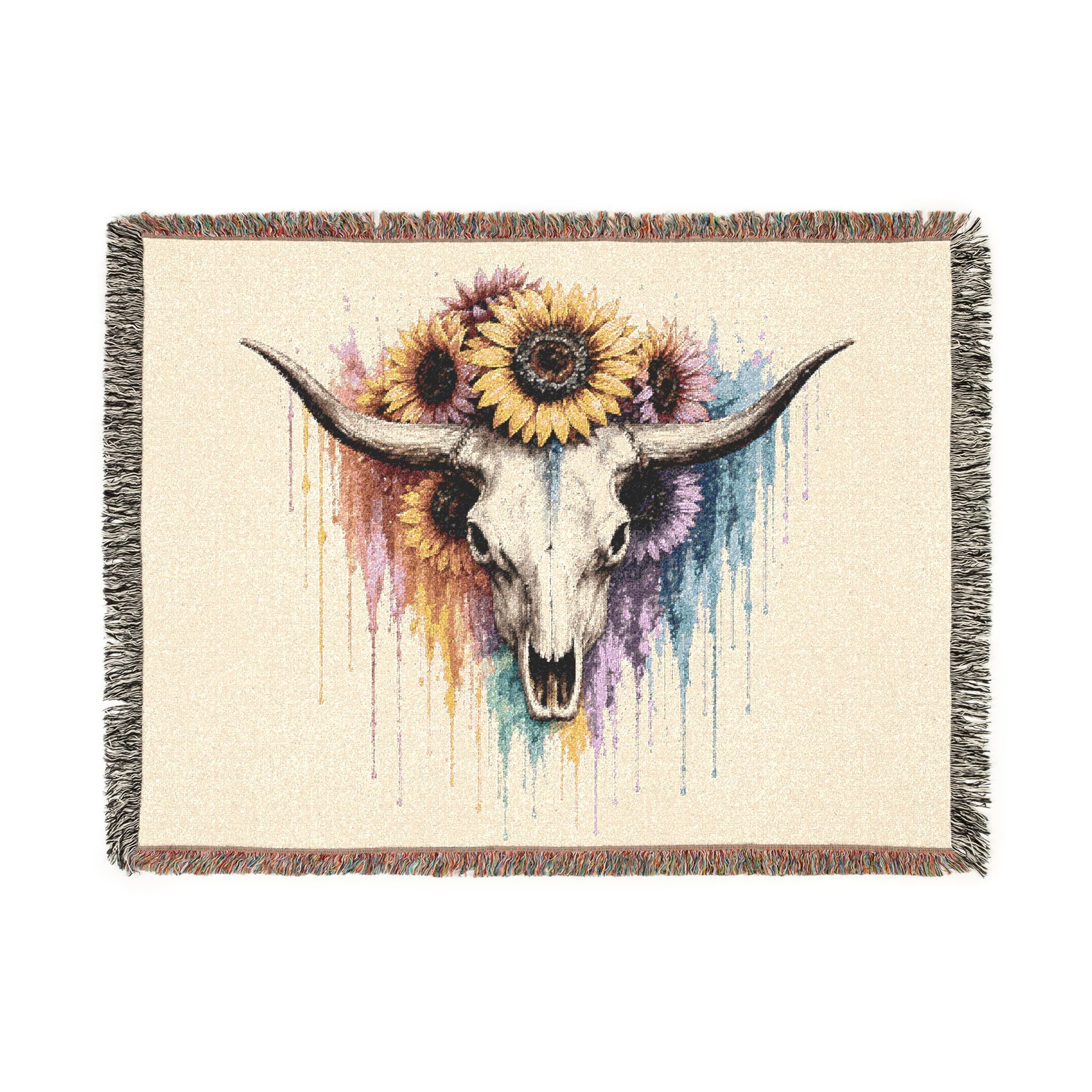 Sunflower Cow Skull Woven Blanket | Southwestern Skull Tapestry Throw