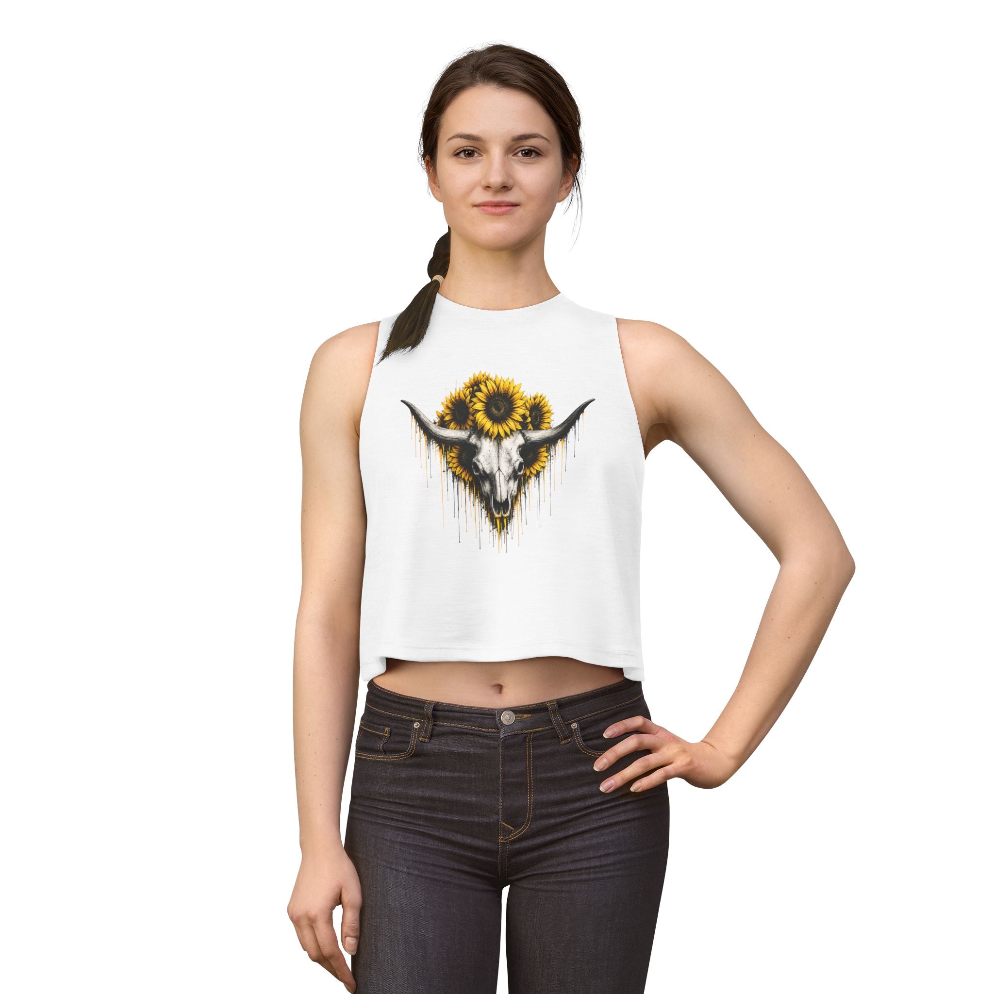 Sunflower Longhorn Skull Women's Crop Top | Southwestern Floral Skull