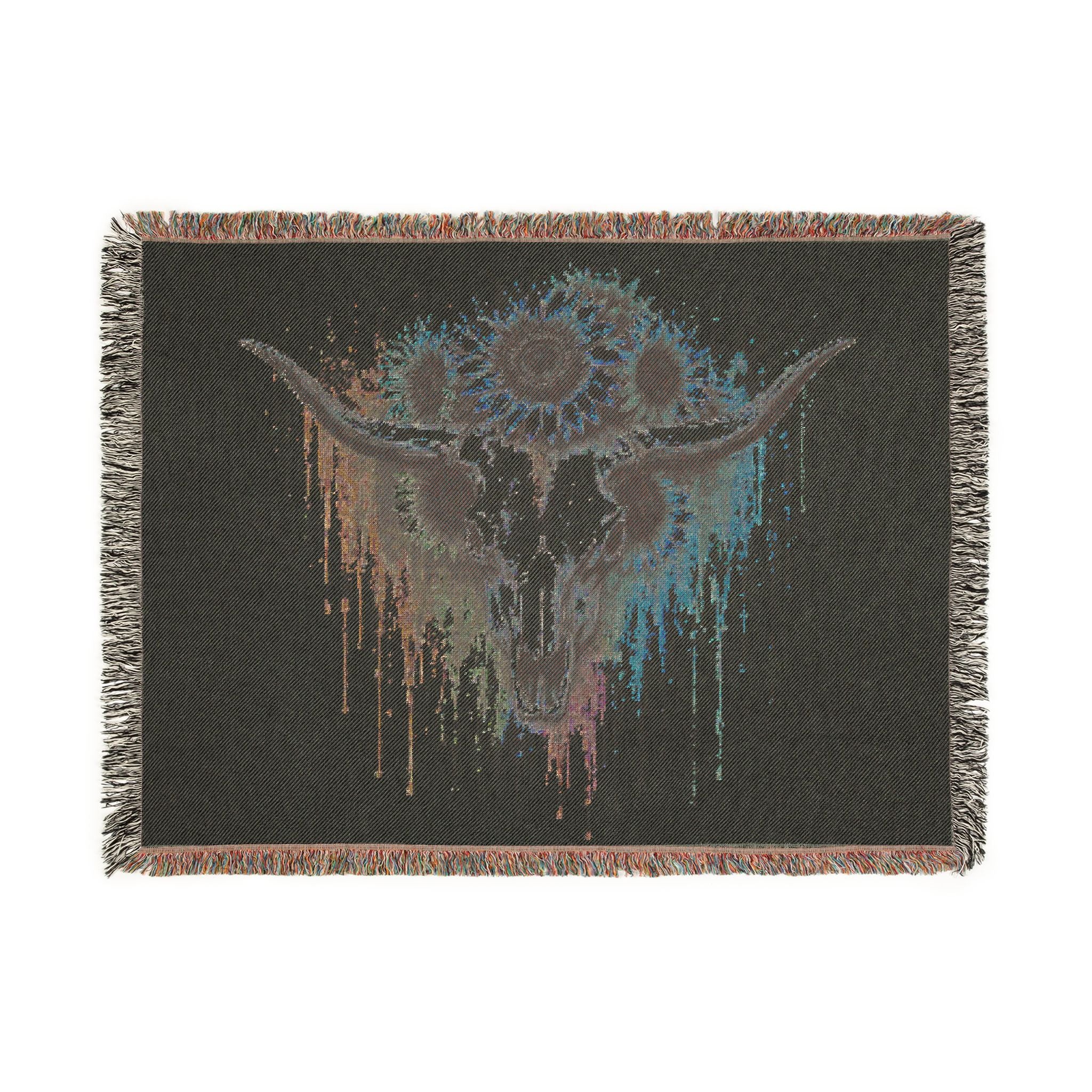 Sunflower Cow Skull Woven Blanket | Southwestern Skull Tapestry Throw