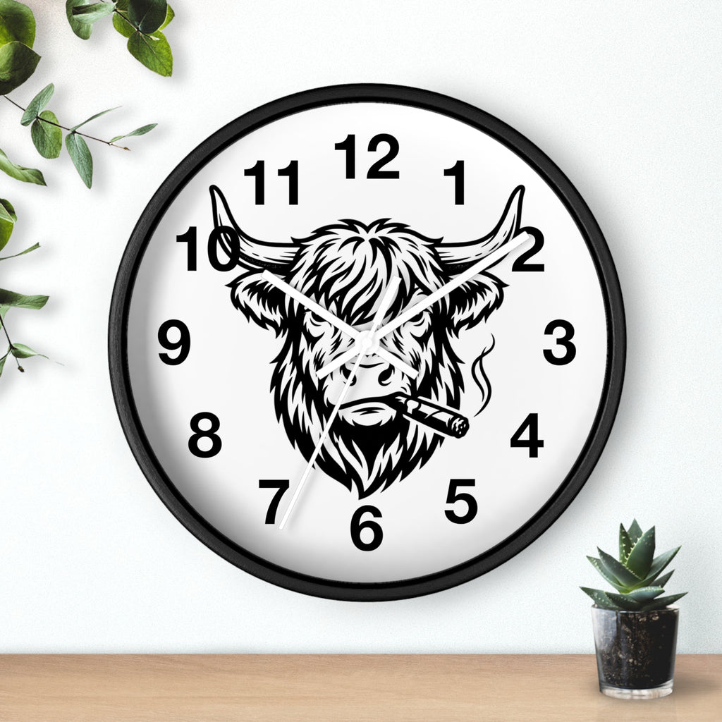 Highland Cow Smoking Cigar Wall Clock | Bull Head Illustration, Rustic Farmhouse Decor
