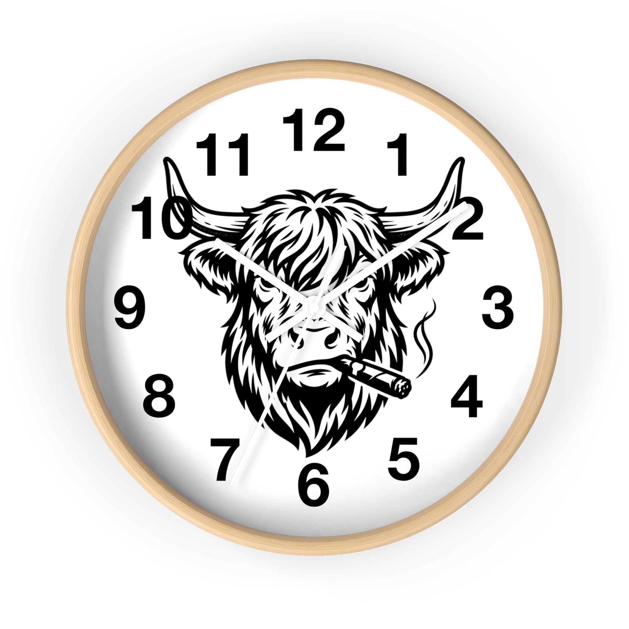 Highland Cow Smoking Cigar Wall Clock | Bull Head Illustration, Rustic Farmhouse Decor