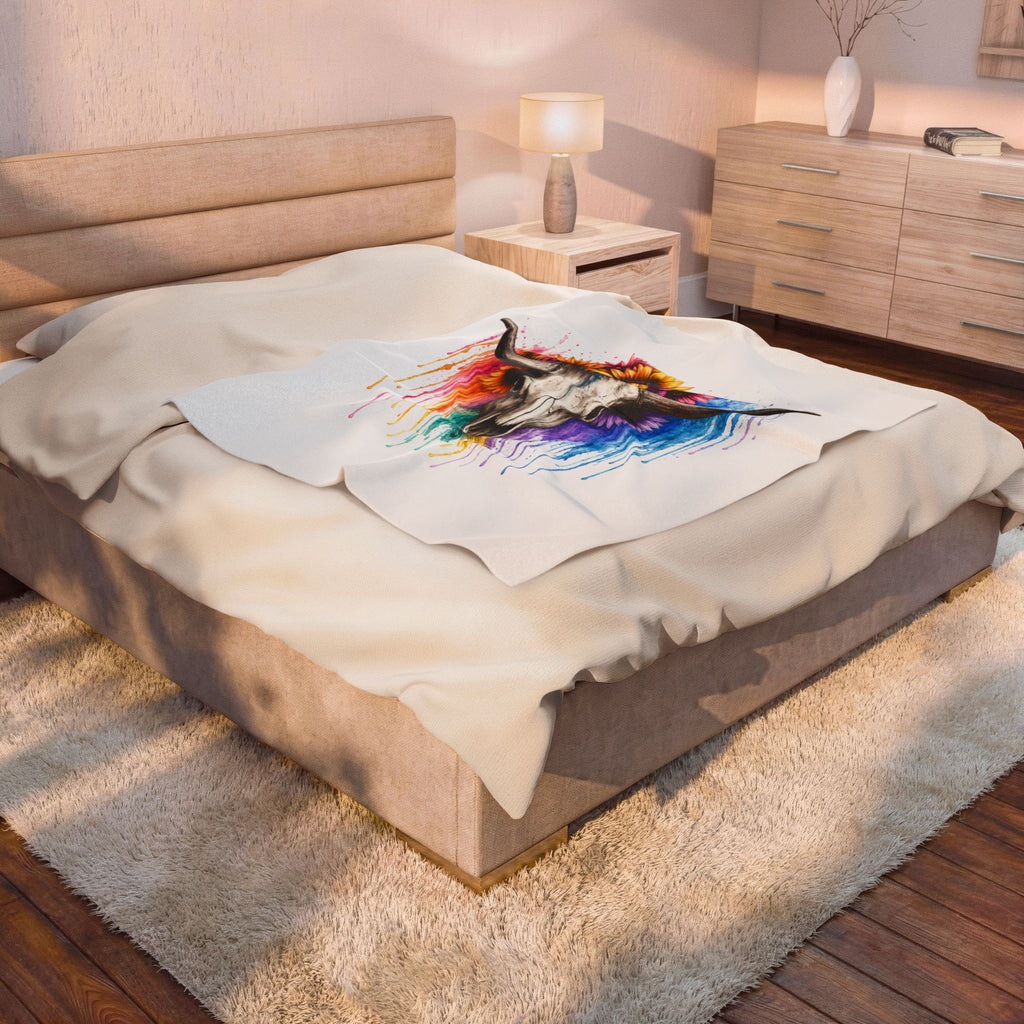 Sunflower Bull Skull Velveteen Blanket | Colorful Drip Watercolor Skull