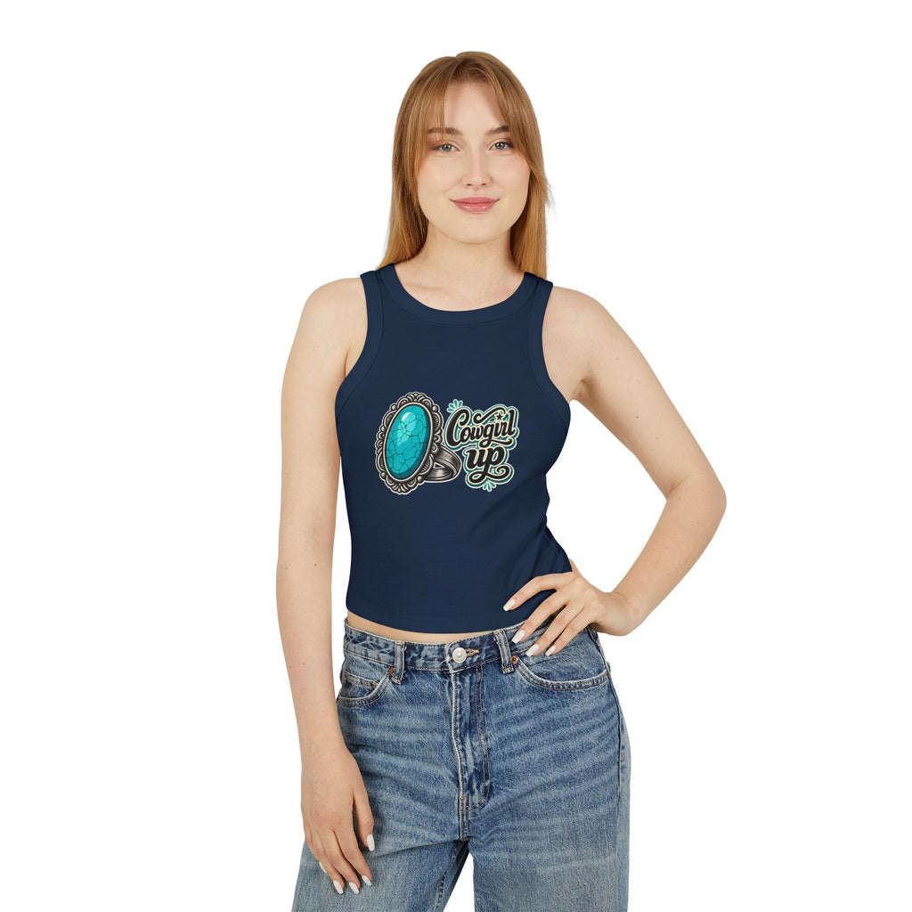 Cowgirl Up Turquoise Ring Buckle Racer Tank Top | Western Cowgirl Graphic