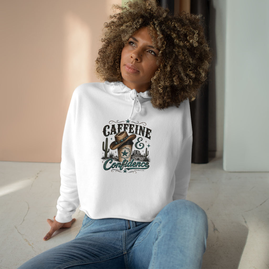 Caffeine & Confidence Crop Hoodie — Retro Coffee Desert Graphic